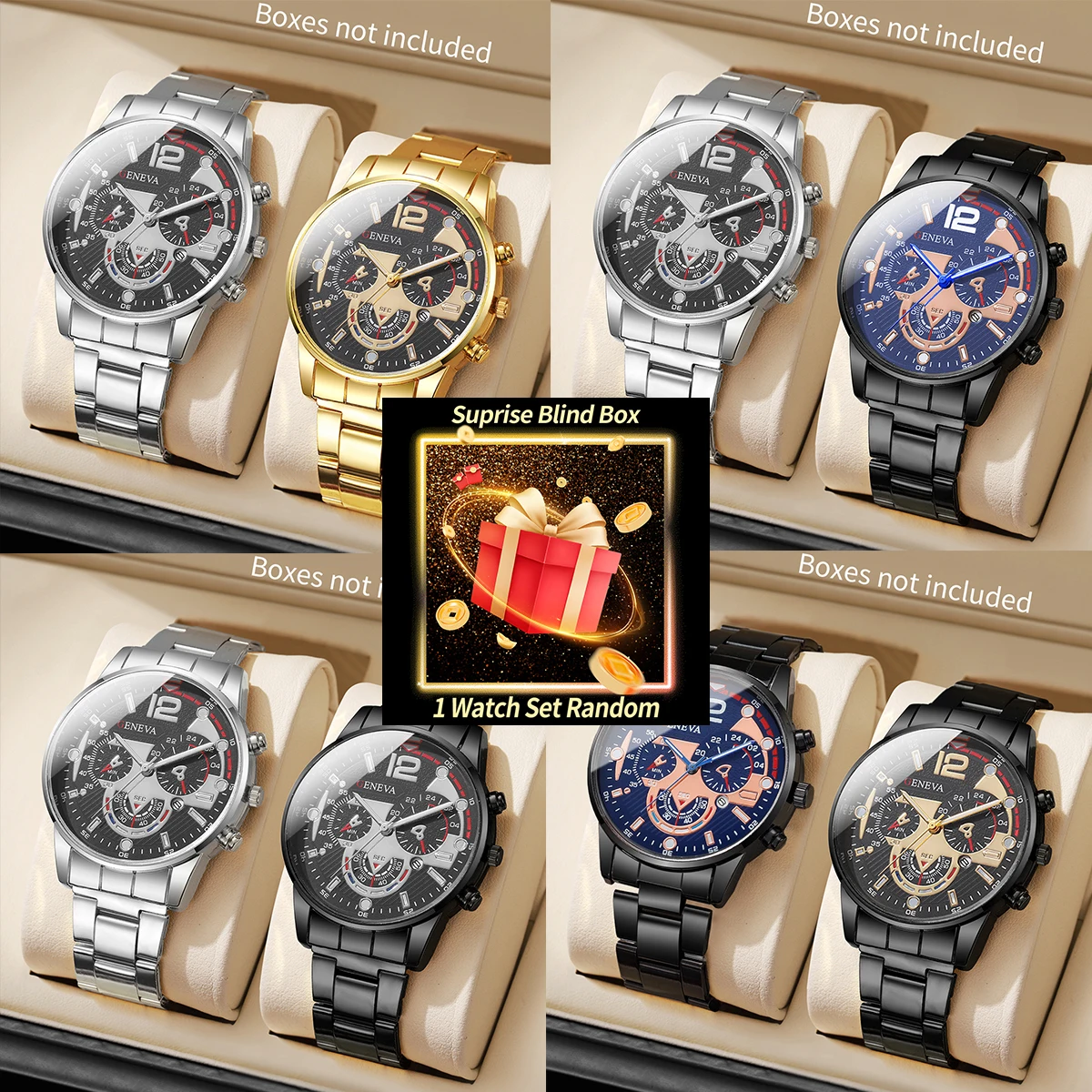 Surprise Mystery Watch Blind Box-2PCS Herrenmode Business Uhren Set Luxus Analog Quarzuhr mit Kalender (ohne Box) Image