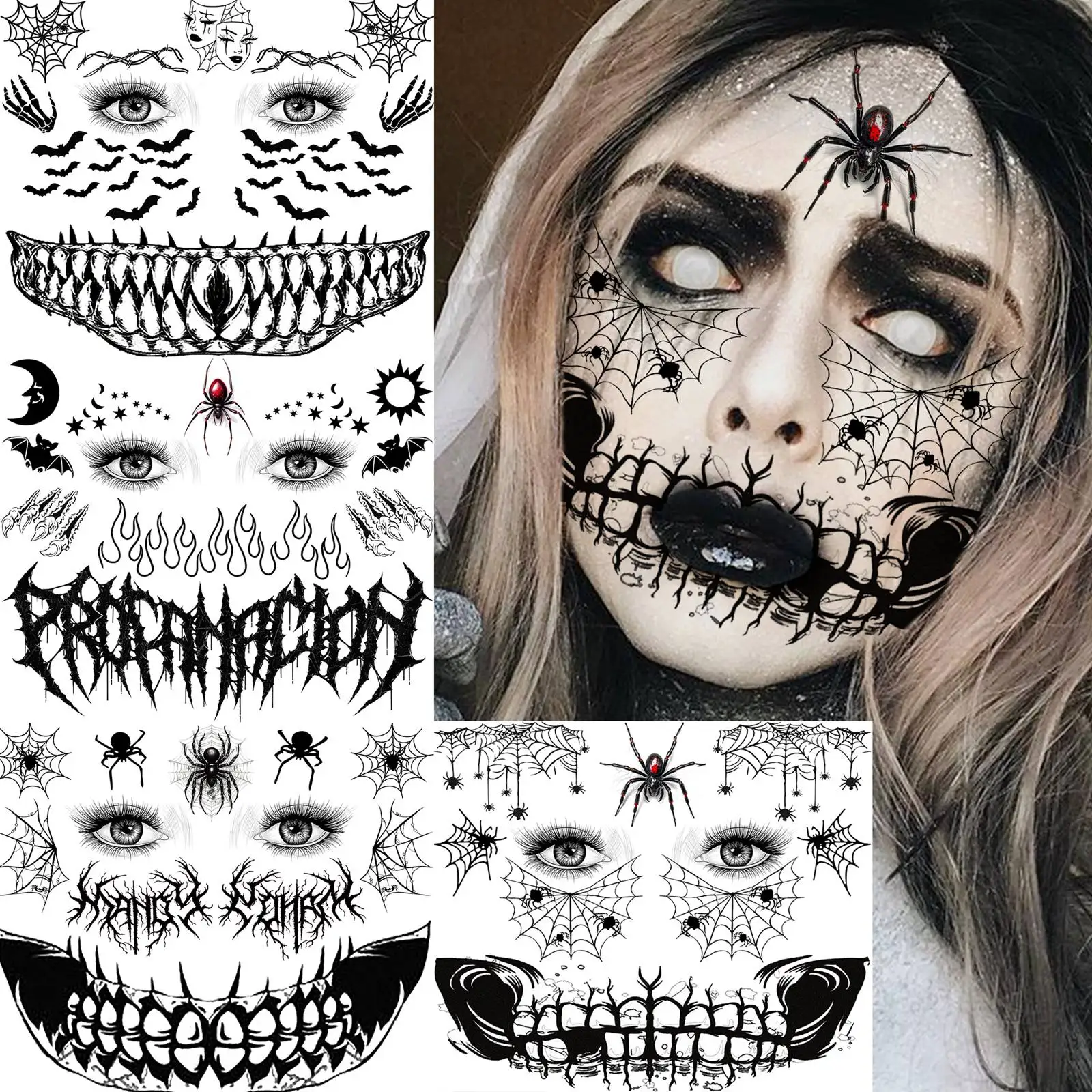 4 Blatt gruseliges Gesicht Tattoo Stich Mund Tusk Buckteeth temporäre Tattoos für Männer Frauen Erwachsene Halloween Kostüm Fledermäuse Spinnennetz Image