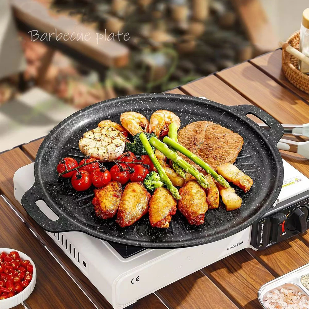 34CM Outdoor BBQ Grill Pan Nicht Stick Backblech Koreanische Grill Roastig Grill Platte Camping Topf Braten pan Küche Kochgeschirr Image