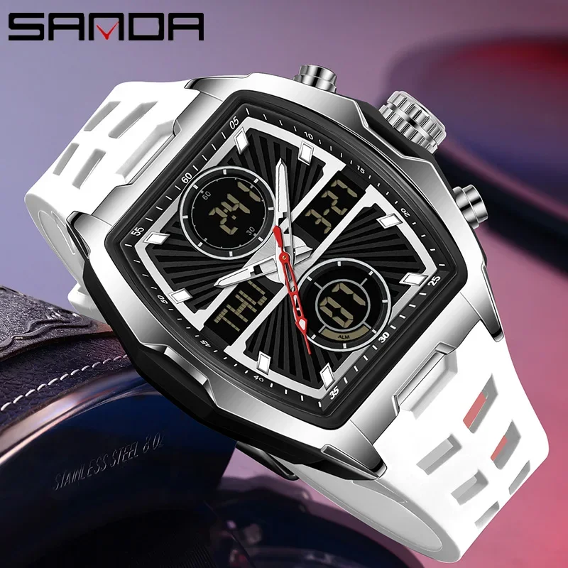 SANDA Männer Uhr Luxus Sport Quarz Doppel Display Armbanduhr Chronograph Wasserdicht Militär Multifunktions Männliche Digitale Uhren