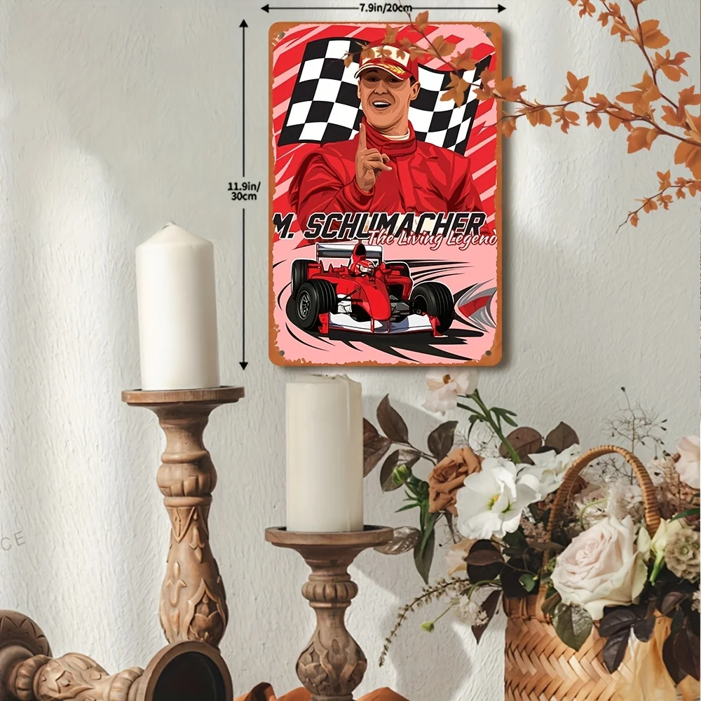 Vintage Michael Schumacher Racing Metallschild – Retro-Wandkunst aus Eisen mit rot karierter Flagge und Rennwagen-Design, Motorsport-Dekor Image