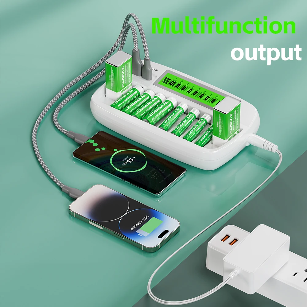 PUJIMAX 10-Slot Ni-MH Batterie Ladegerät Laden 1-8 Stück AA/AAA Ni-MH/Ni-Cd wiederaufladbare Batterien 2 Stück 9V wiederaufladbare Batterien Image