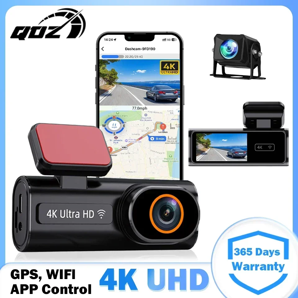 QOZ 4K UHD Dash Cam Dual Channel Dash Auto mit Super Nachtsicht Aufnahme Auto DVR 24H Parkplatz Monitor 5,8 GHz WiFi APP Steuerung Image