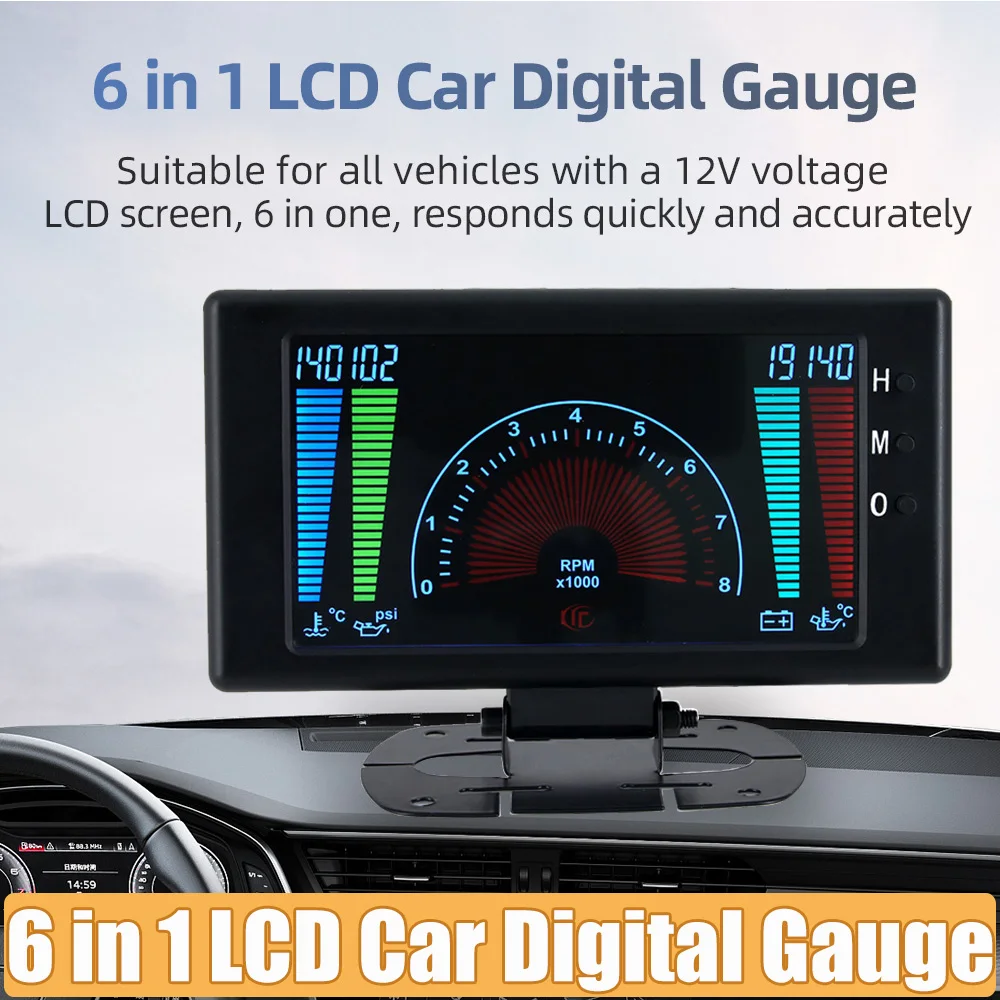 6 in 1 digitales LCD-Manometer Drehzahl messer Öldruck spannung Wasser temperatur Öl temperatur messgerät mit Sensoren 1/8npt für 12V Auto Image