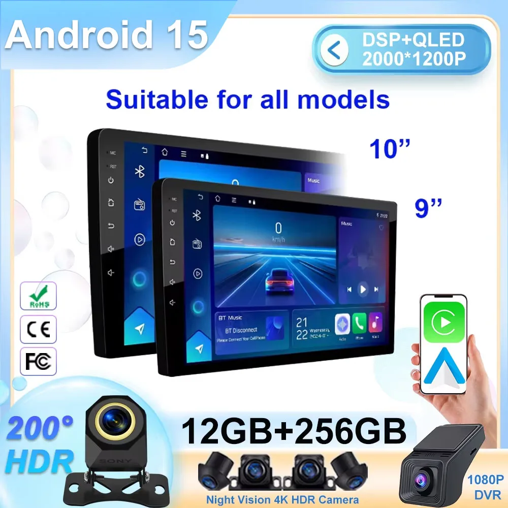 Android 15 Autoradio CarPlay Lettore multimediale Android Auto GPS 2 DIN universale 9/10 pollici Lettore WiFi stereo per auto Schermo QLED BT