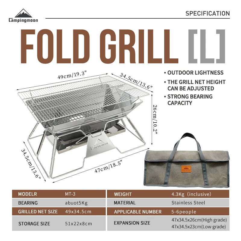 CAMPINGMOON MT-3 Großer, zusammenklappbarer, tragbarer Grill aus Edelstahl, Grillofen, Camping-Picknick-Grillnetz, Grill Image