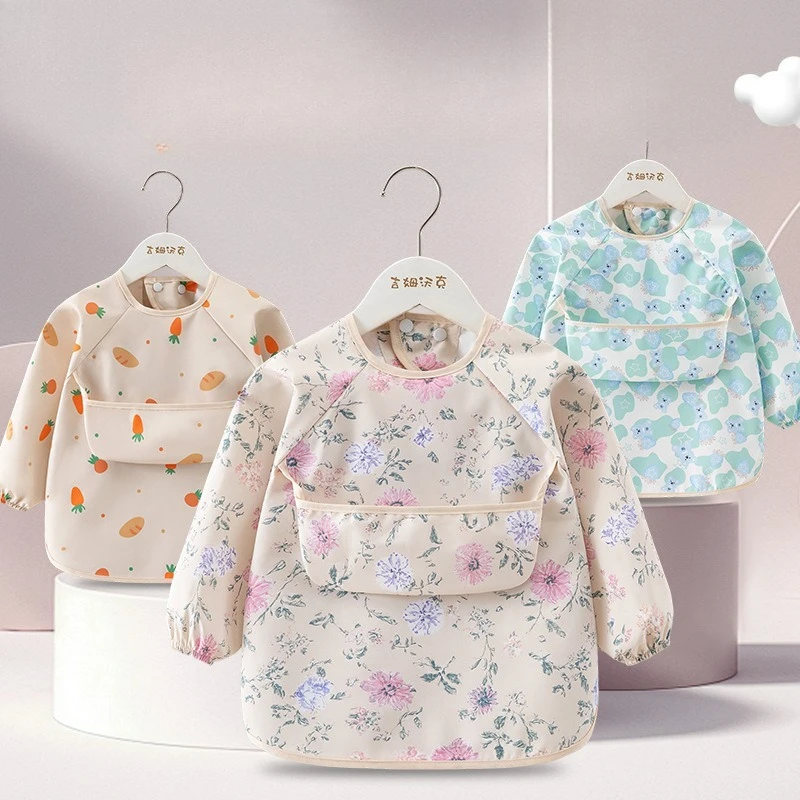 1PC Child Feeding Bib Waterproof Long Sleeve Apron Rice Pocket Feeding Blouse Toddler Bibs Children