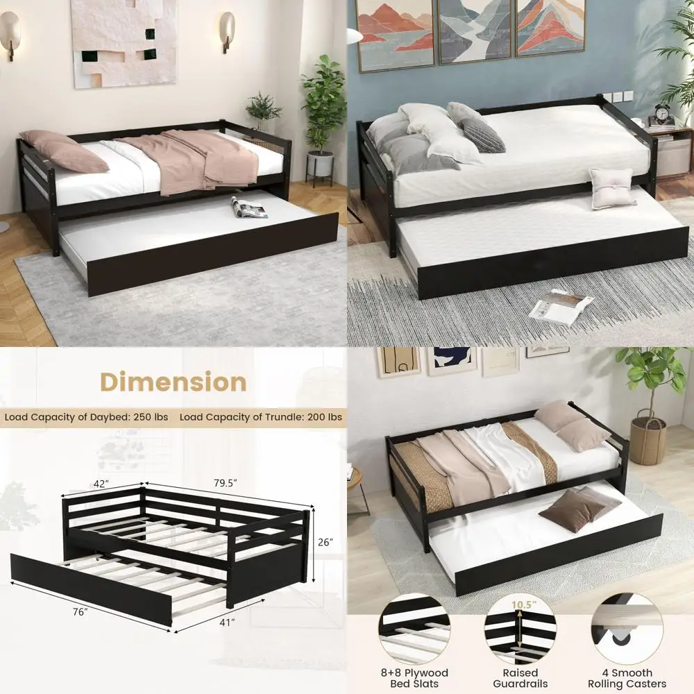 komfott twin bed with trundle, wood daybed frame with trundle, no box spring needed sofa bed frame, twin size trundle bed for li
