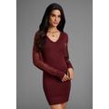 Strickkleid LAURA SCOTT, Damen, Gr. 34, N-Gr, rot (rot, braun), Strick, Spitze, Obermaterial: 70% Viskose, 30% Polyamid. Ärmel: 100% Polyamid, unifarben, feminin, figurbetont mini, V-Ausschnitt, Langarm Bündchen, Kleider, mit edlen Spitzenärmeln und...