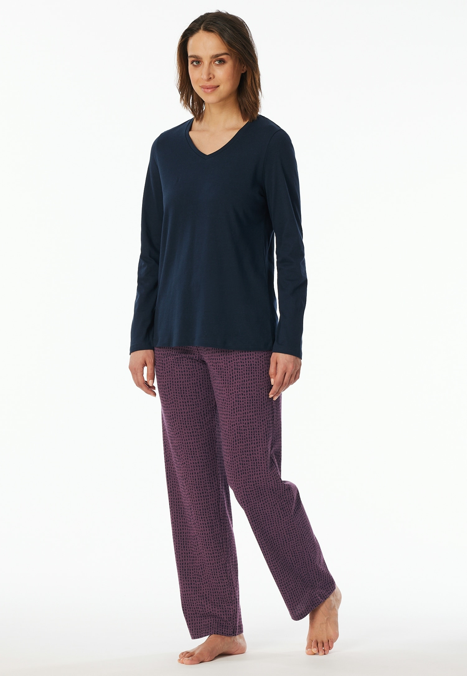 Schlafanzug UNCOVER BY SCHIESSER "Uncover Nightwear", Damen, Gr. 42, 804, blau, Single Jersey, Obermaterial: 100% Baumwolle, bequem lang, Rundhals, Homewear-Sets Schlafanzug, Baumwolle, Single Jersey-Qulität, langärmelig, bequem, atmungsaktiv Image