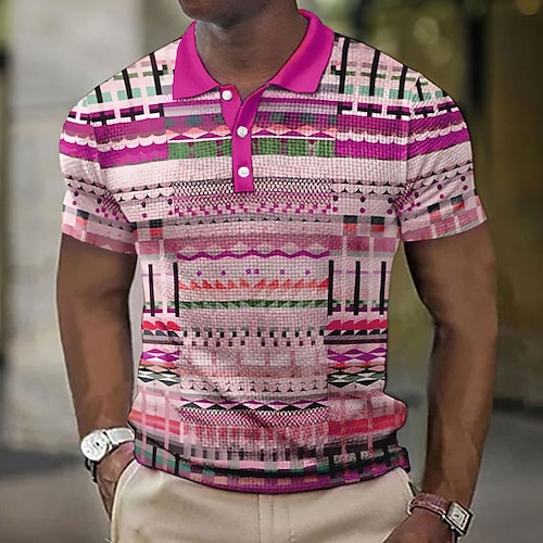 Homme Plaid Chemises Polo Gaufre Chemise de golf Manche Courte Polos Chemises à Col ancien Occasionnel Vêtements de vacances Tenue formelle Vêtements de festival Impression 3D Boutons Bleu Jaune Rose