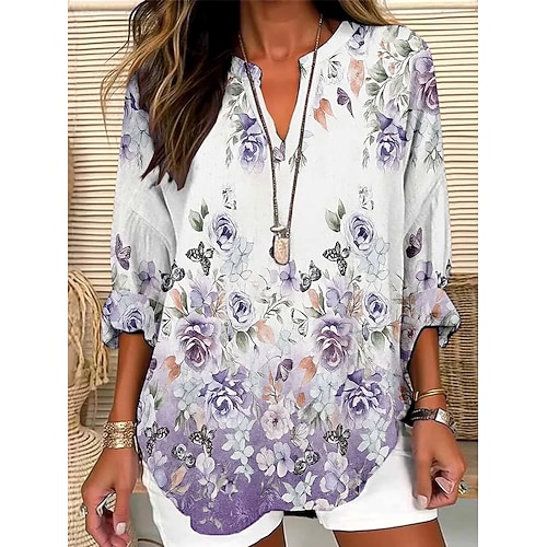 Womens Bluse Leinenähnlich Atmungsaktiv Leicht Floral Grafik Vintage Täglich Stylisch Lange Ärmel V-Ausschnitt Eingekerbter Ausschnitt Reguläre Oberteile Täglicher Urlaub Druck Helllila Violett Image