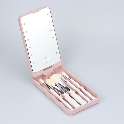 Reise-Make-up-Pinsel-Set mit LED-Licht, tragbarer Kosmetikspiegel, kompakter, faltbarer Kosmetikspiegel mit Beleuchtung, tragbare Desktop-Make-up-Tools für Frauen und Mädchen Image