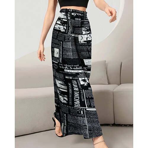 Damen Weites Bein Stoffhosen Streetwear Lässig Volle Länge Natürliche Taille Blume Elastischer Bund Drucken Bequem Outdoor Streetwear Urlaub Schwarz Weiß Herbst Normale Passform Image