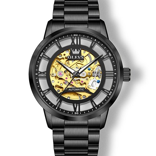Olevs 6728 herren uhr original skeleton automatische mechanische uhr wasserdichte leuchtende uhren für mann edelstahl uhr Image