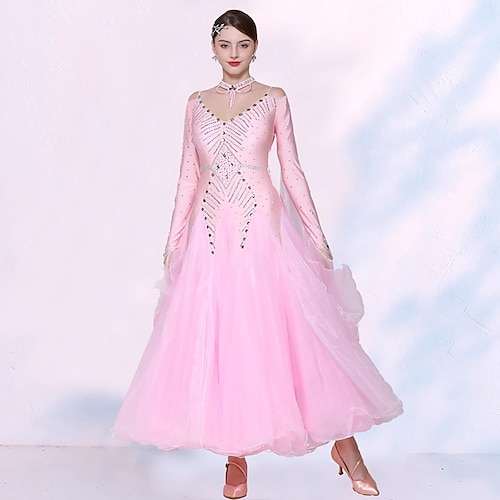 Ballsaal tanz kleid kristalle/strass frauen leistung ausbildung langarm moderne walzer tanz kostüme Image