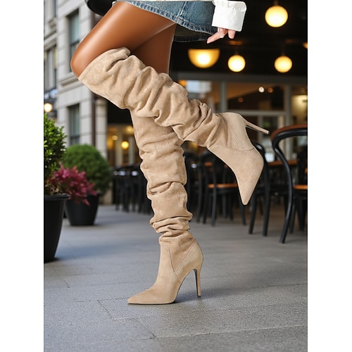 Kniehohe Damenstiefel mit weitem Beindesign, umwandelbar über das Knie, Wildlederstiefel mit spitzer Zehenpartie und Stilettoabsatz für urbane Freizeit-Mode-Outfits Image