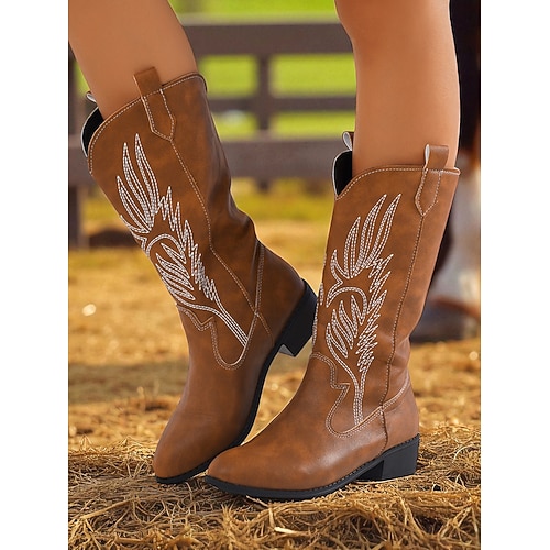 Damen-Western-Cowboystiefel aus blauem Denim mit Stickereien – wadenhohe Stiefel mit spitzer Spitze für Musikfestivals, Rodeo-Events und Outfits im Country-Stil Image