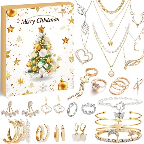 Weihnachts-Adventskalender-Schmuck 2025 für Mädchen, 24-Tage-Geschenk, modisches Armband, Halskette, Ring, Ohrringe, Weihnachts-Countdown-Geschenk für Kinder, Teenager, Frauen Image