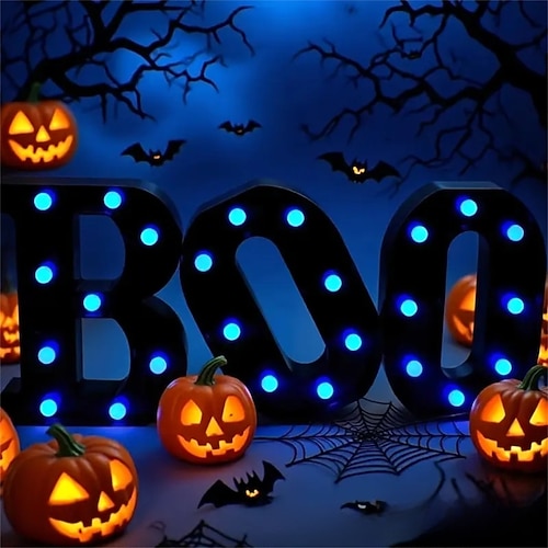 Halloween-Dekorationen für den Innenbereich – 3 LED-Leuchtbuchstaben, schwarzes Buh-Zeichen, Halloween-Buchstabenlichter für Zuhause, Innenbereich, Küche, Kamin, Party, Tischdekoration Image