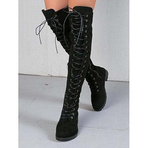 Schwarze Overknee-Schnürstiefel für Damen mit seitlichem Reißverschluss und Profilsohle – trendiges Gothic- und Winter-Casual-Schuhwerk für Partys und Streetwear Image