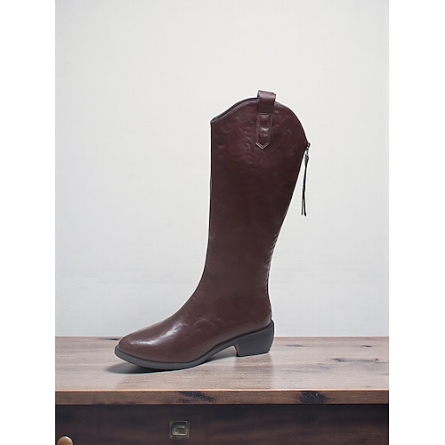 Kniehohe Reitstiefel für Damen mit Zuglaschen, bequemer Slip-On-Schnitt mit niedrigem Absatz, klassischer Western-inspirierter Modeschuh für die urbane Freizeit Image