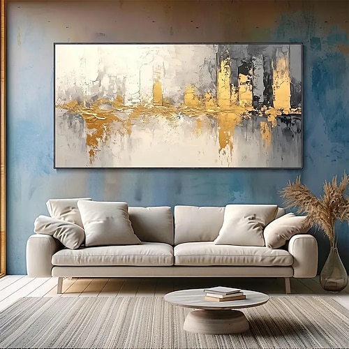 handgefertigtes Ölgemälde auf Leinwand, Wandkunst, Dekoration, modern, goldfarben, abstrakt, urbane Architektur, für Wohnzimmer, Heimdekoration, gerollt, rahmenlos, ungedehntes Gemälde Image