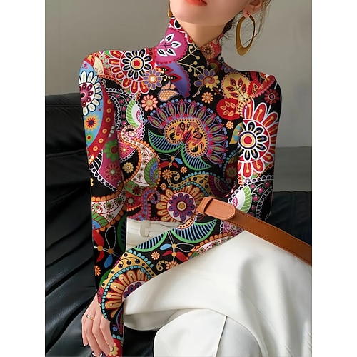 Damen Tunika Blumen Elegant Bohemien Vintage Langarm Rollkragen Hoher Ausschnitt Normale Oberteile Ausgehen Schwarz Fuchsie Grün Herbst Winter Image