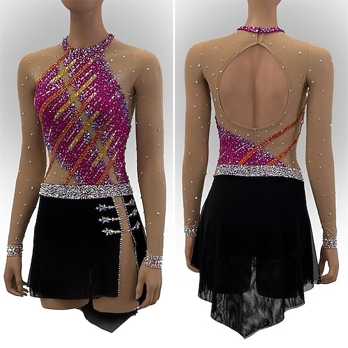 Eiskunstlaufkleid Damen Mädchen Eislaufen Kleid Rosenrot Patchwork Offener Rücken Netzstoff Spandex Hohe Elastizität Training Wettbewerb Eiskunstlaufkleidung Klassisch Kristall / Strass Langarm Image