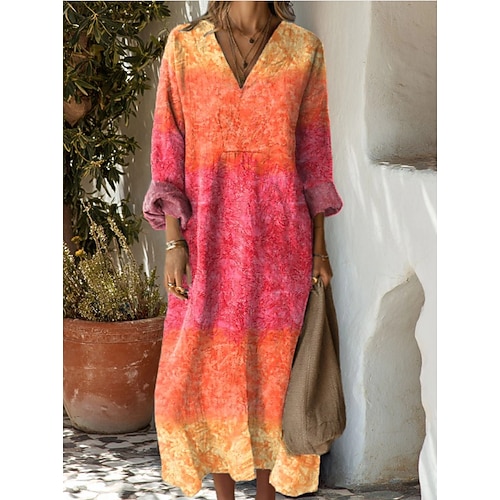 Damen Maxikleid Sommerkleid A Linie Kleid Urlaub Lässig Boho Party Ferien Strand Lässiger Schnitt Grafik Geometrisch Abstrakt Langarm V Ausschnitt Dunkelbraun Dunkelrot Rote Leicht Braun Frühling Image