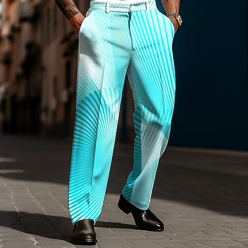 Herren Geometrisch Farbverlauf Linie Anzughose Hose Mittlere Taille Lässig Ferien Streetwear Relaxed Fit Anzughose mit flacher Vorderseite und Seitentaschen Frühling Herbst 3D-Druck Blau Purpur Grün Image