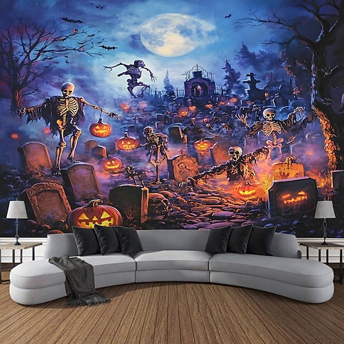 Halloween-Fotohintergrund-Wandteppich, Wandbehang mit Geister-, Kürbis-, Monster- und Skelettmuster, großes dekoratives Wandbild für Schlafzimmer, Wohnzimmer, Party und Heimdekoration Image
