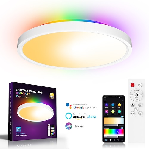 Smarte RGB-Deckenleuchte, LED, 2700 lm, funktioniert mit Alexa, 2700 K – 6500 K, Unterputzleuchte, DIY-Farben, WLAN, dimmbar, flache Umgebungsleuchte für Schlafzimmer, Wohnzimmer, Party Image