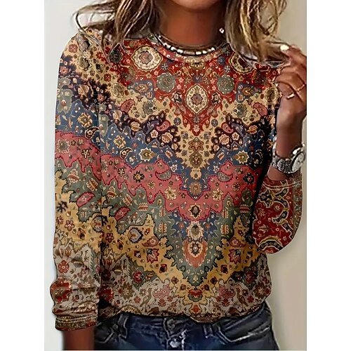 Damen T Shirt Druck Blumen Grafik Paisley-Muster Vintage Mode Stilvoll Langarm Rundhalsausschnitt Rundhals Normale Oberteile Täglich Wochenende Blau Staubiges Blau Purpur Orange Braun Frühling Herbst Image