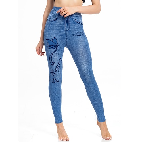 Damen Leggings Jeans im Used-Look Urlaub Vintage Lässig Volle Länge Hohe Taille Blumen Schmetterling Elastischer Bund Drucken Weich Bequem Dehnbar Outdoor Straße Blau Meerblau Sommer Frühling Herbst Image