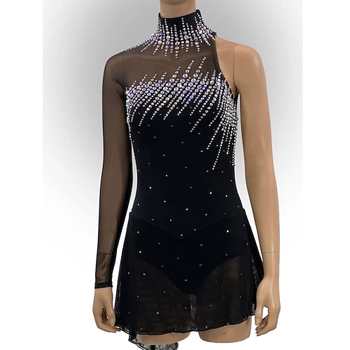 Eiskunstlaufkleid Damen Mädchen Eislaufkleid Schwarz Offener Rücken Asymmetrischer Saum Mesh Hohe Elastizität Training Wettkampf Eislaufbekleidung Klassisch Kristall/Strass Langarm Eiskunstlauf Image