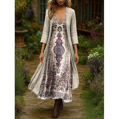 Damen Kleider-Set Maxi Kleid A-Linien Kleid Sommerkleid Urlaub Ombre Floral Lagen Druck Maxi Kleid 3/4 Ärmel V-Ausschnitt Täglich Outdoor Schwarz Pink Orange Sommer Frühling Reguläre Passform Image