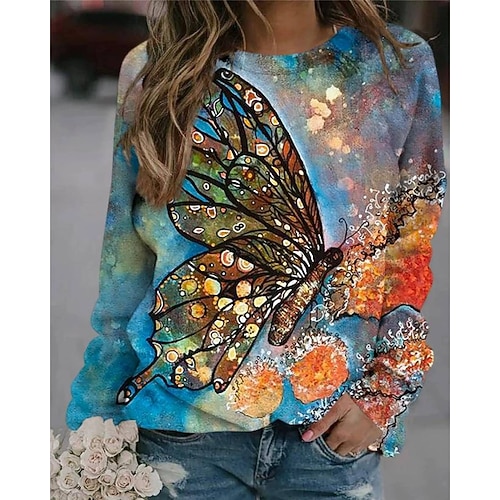 Damen Kapuzenshirts Druck Grafik Tiermotiv Streetwear Lässig Langarm Rundhals Normale Oberteile Straße Ferien Blau Schwarz Weiß Orange Grün Herbst Winter Image