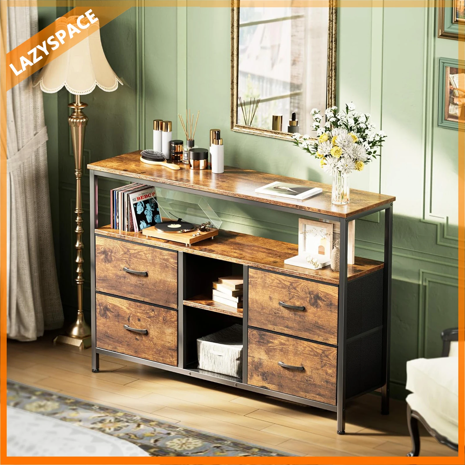 Lazyspace 108 cm TV-Schrank mit LED-Lichtleiste, TV-Ständer mit 4 Stoffschubladen, Muebles De Salon, TV-Tisch für Wohnzimmer