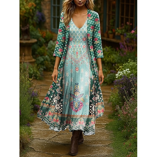 Damen Kleider-Set Maxi Kleid A-Linien Kleid Sommerkleid Urlaub Ombre Floral Lagen Druck Maxi Kleid 3/4 Ärmel V-Ausschnitt Täglich Outdoor Schwarz Pink Orange Sommer Frühling Reguläre Passform Image