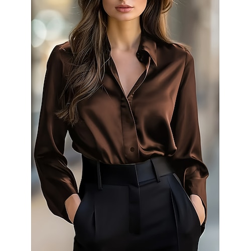 Damen Satinhemd Kleidhemd Arbeitshemd Knopfhemd Einfarbig Elegant Mode Stilvoll Langarm Umlegekragen Hemdkragen Normale Oberteile Arbeit Party-Abendmode Outfits für die Verabredung am Abend Schwarz