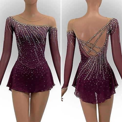 Eiskunstlaufkleid Damen Mädchen Eislaufen Kleid Burgund Patchwork Offener Rücken Netzstoff Spandex Hohe Elastizität Training Wettbewerb Eiskunstlaufkleidung Klassisch Kristall / Strass Langarm Image