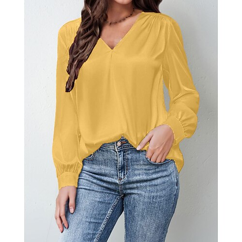 Damen Hemd Elegant Satin-Top Bluse Gerafft Einfach Modern Lässig Langarm V Ausschnitt Normale Oberteile Täglich Ferien Ausgehen Schwarz Weiß Gelb Rosa Wein Herbst Image