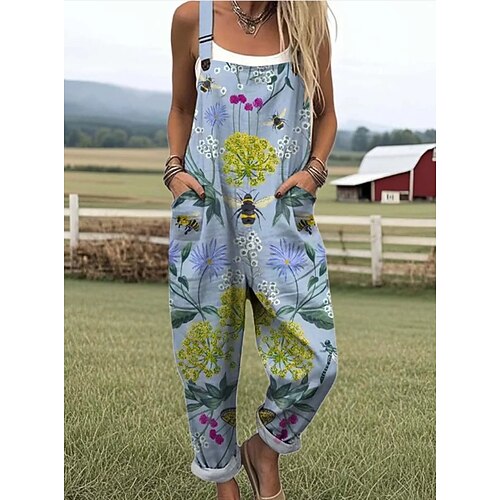 Damen Strampler Aktiv Grafik Ärmellos Haremshose Knöpfe Urlaub Straße Lässiger Schnitt Weiß Gelb Rosa Sommer Image