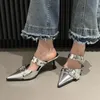 Punk Metall Schnalle High Heels Schuhe für Frauen Sexy Spitz Stiletto Ferse Sandalen Frau Sommer 2025, Mode Party Silber Pumpen