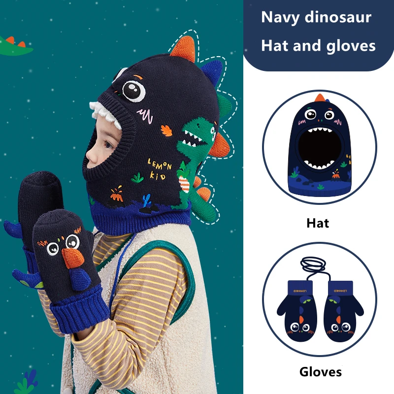 Kinder Winter Caps Cartoon Dinosaurier Gestrickte Hut Handschuhe Set Winter Junge Dinosaurier Warme Beanie Fäustling Set Für 2-10 jahre Alt Image