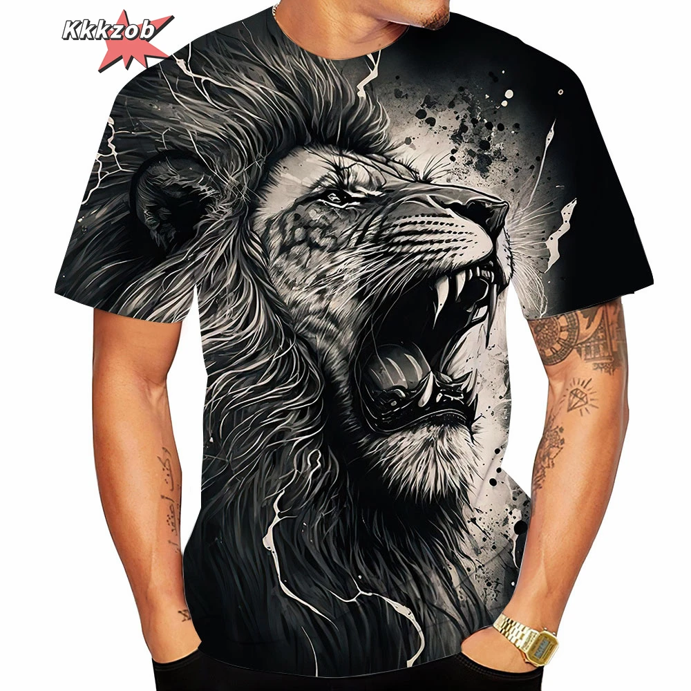Herren-T-Shirts, wilder Löwen-Aufdruck, Sommer, lässig, Alltag, Top, Straßenmode, Herren, Übergröße, Outdoor-Aktivitäten, kurzärmeliges T-Shirt Image