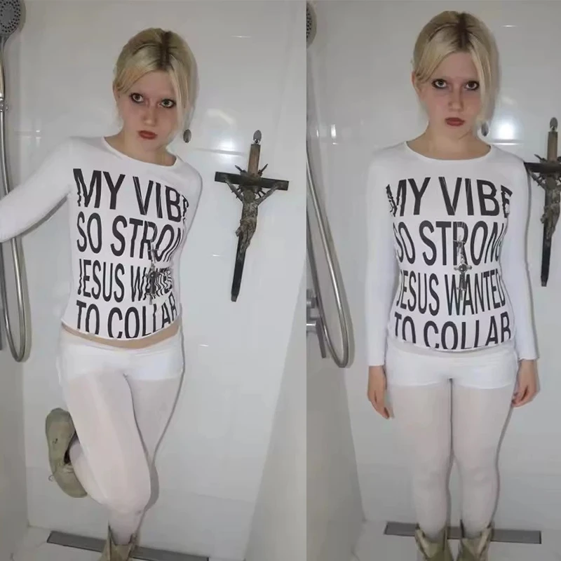 Frauen Streetwear Vintage Harajuku Gothic Hip Hop Slim Fit Tees herbst Neue Crop Tops Brief Druck Lange Ärmeln Casual T-shirts Image