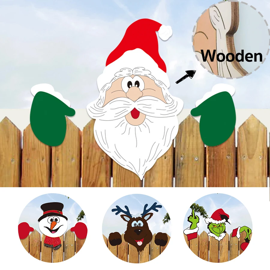 Weihnachtszaun-Peeker-Dekorationen – Weihnachtsmann, Elch, Schneemann, Gartenkunst aus Holz für den Außenbereich, Hofschild-Ornament, Heim- und Urlaubsdekoration