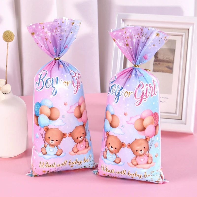 25/50 Stück, süße Bären-Geschenktüten mit Geschlecht offenbaren, blau-rosa Kunststoff-Süßigkeitstüten für Geschlecht offenbaren und Babyparty-Party-Dekoration Image